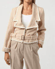 Chaqueta mujer larga jacket diseño pata de gallo efecto brillante cierre cremallera cinturón extraíble manga larga estilo elegante sastre talla L beige tendencia cómoda versátil ✅Entrega 24/48h