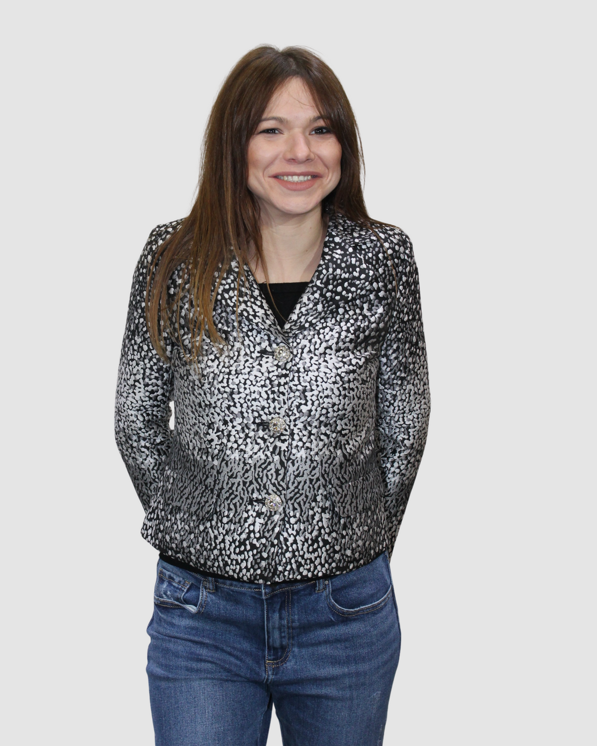 Americana mujer chaqueta blazer entallada satinada estampada botones joya manga larga elegante poliéster forro interior estilo moderno negra talla S cómoda sofisticada ✅Entrega 24/48h