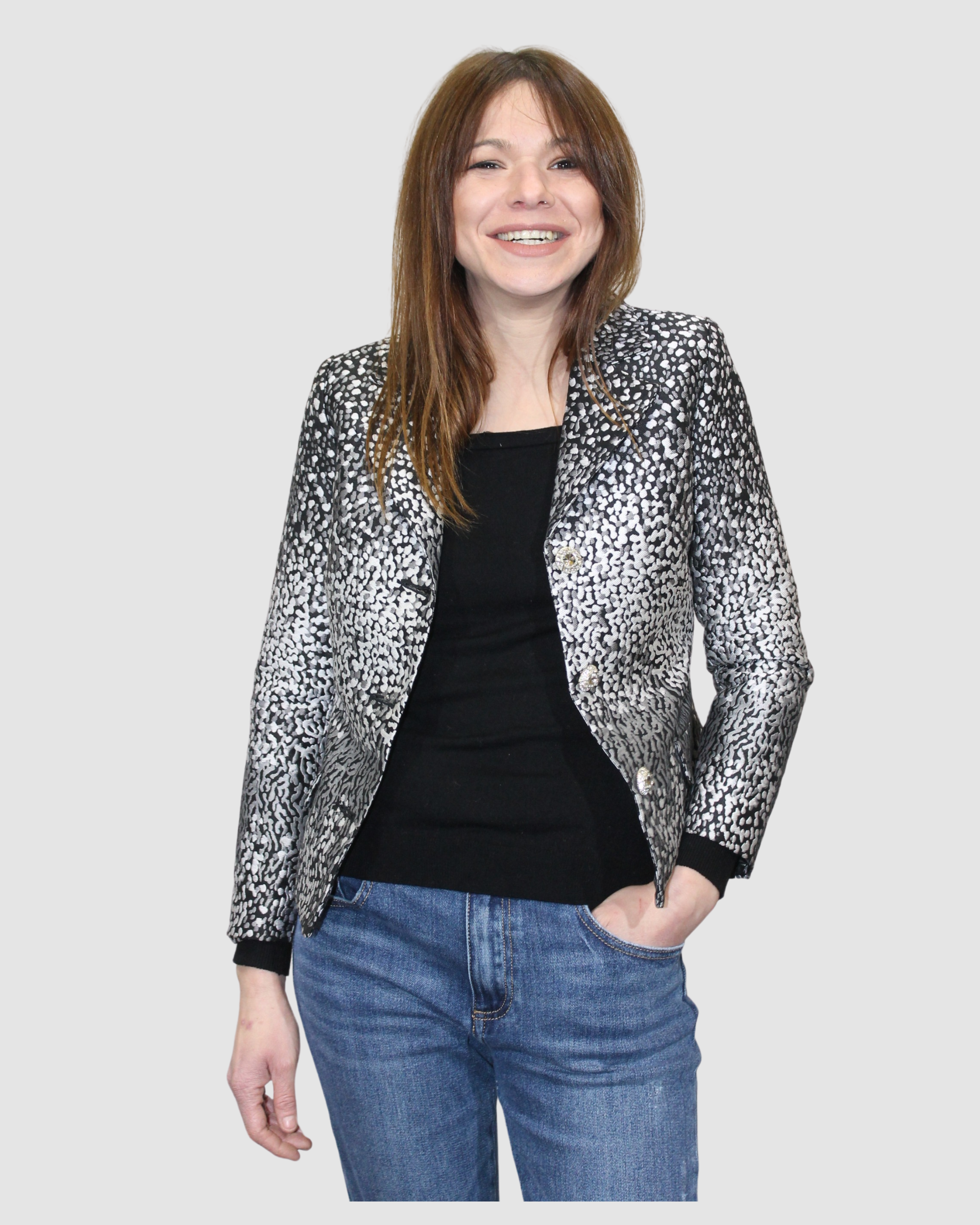 Americana mujer chaqueta blazer entallada satinada estampada botones joya manga larga elegante poliéster forro interior estilo moderno negra talla S cómoda sofisticada ✅Entrega 24/48h