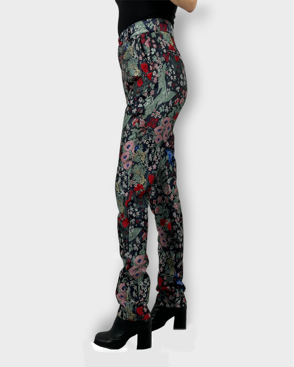 Pantalón mujer skinny satinado floral fashion pants printed trousers tiro medio multicolor S bolsillos laterales cierre oculto cómodo elegante versátil look trendy oficina casual ✅Entrega 24/48h