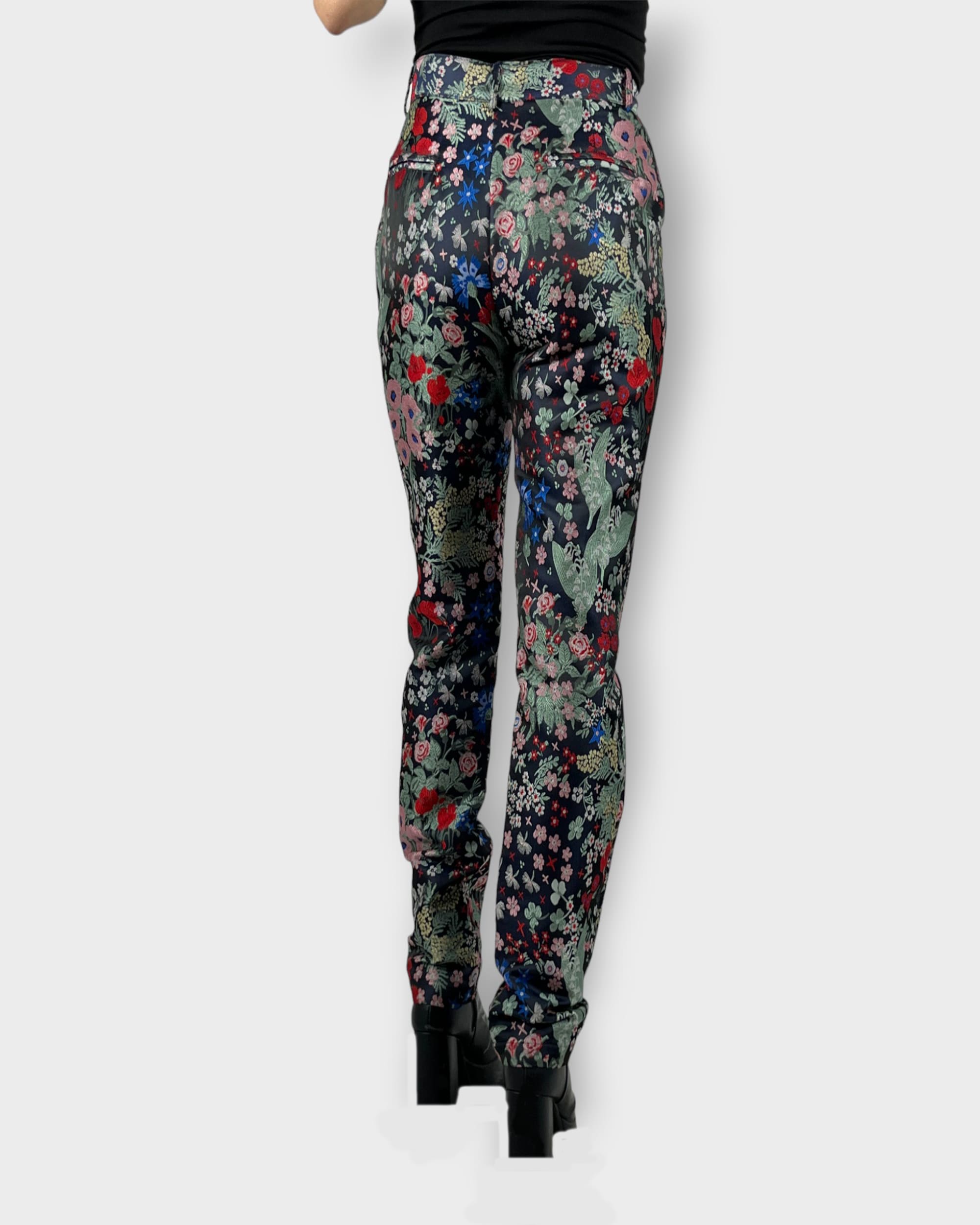 Pantalón mujer skinny satinado floral fashion pants printed trousers tiro medio multicolor S bolsillos laterales cierre oculto cómodo elegante versátil look trendy oficina casual ✅Entrega 24/48h