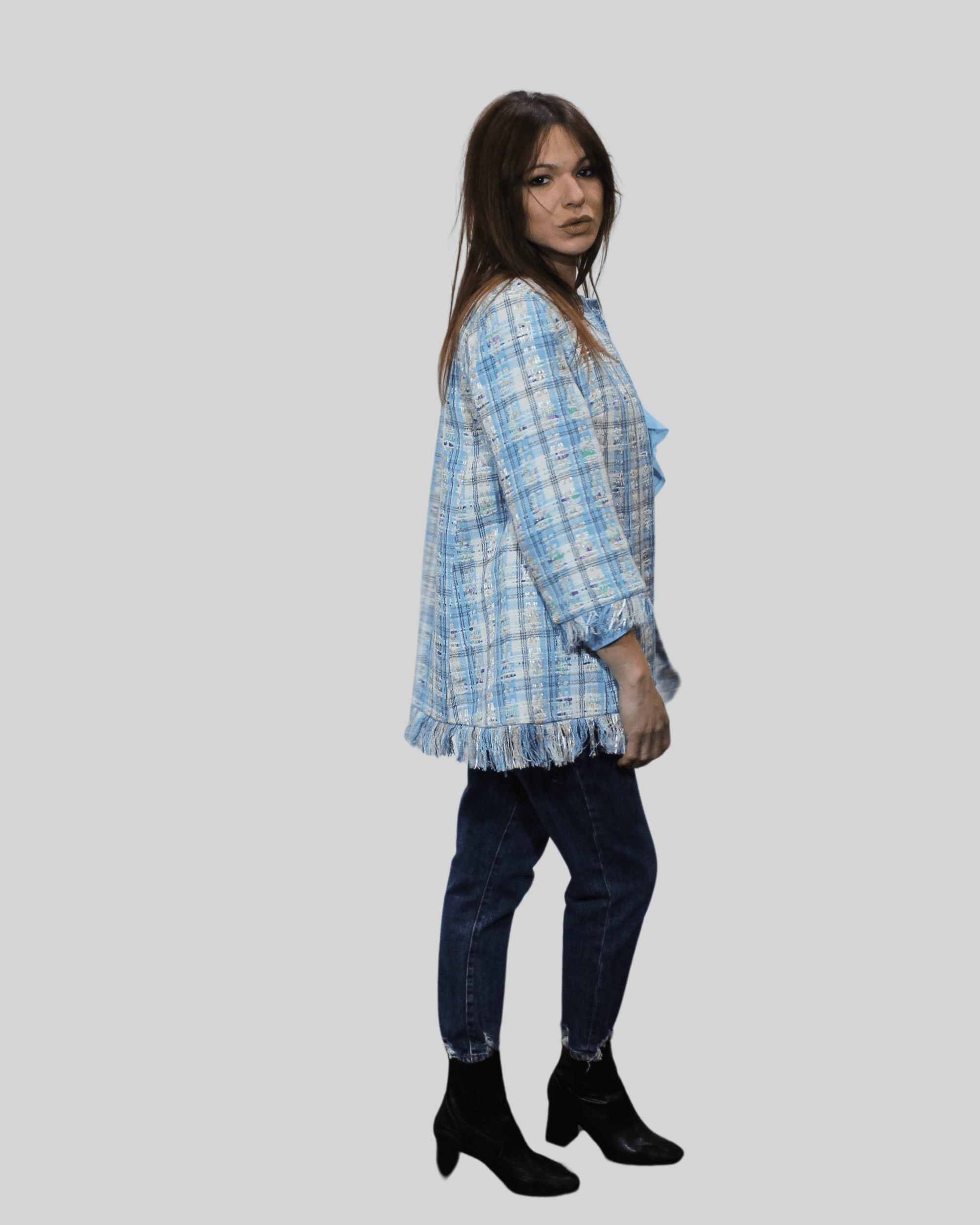 Chaqueta femenina tweed recta flecos bolsillos laterales textura suave elegante ligera azul claro S versátil estilo chic diario oficina moderna moda mujer abrigo ligero confortable ✅Entrega 24/48h