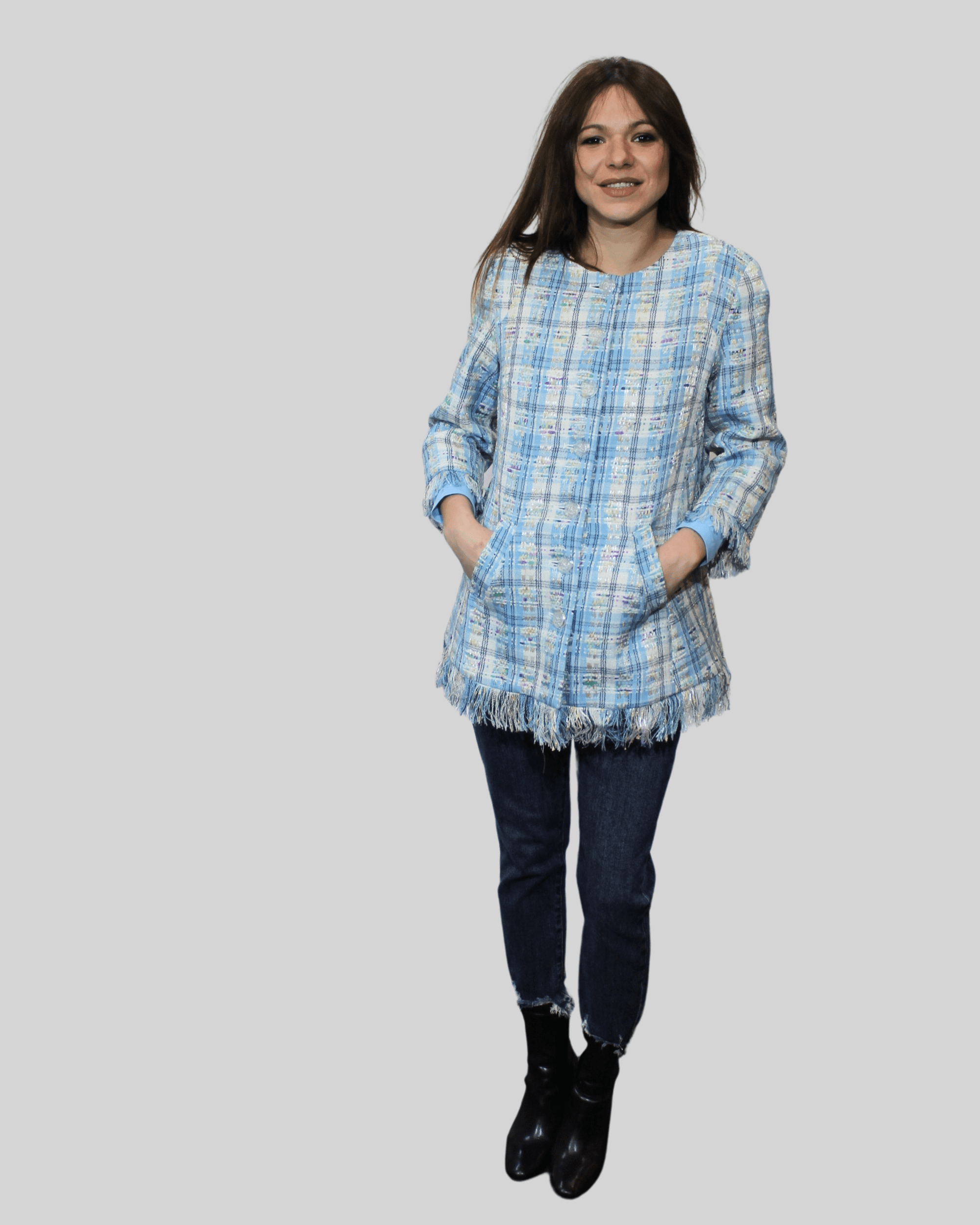 Chaqueta femenina tweed recta flecos bolsillos laterales textura suave elegante ligera azul claro S versátil estilo chic diario oficina moderna moda mujer abrigo ligero confortable ✅Entrega 24/48h