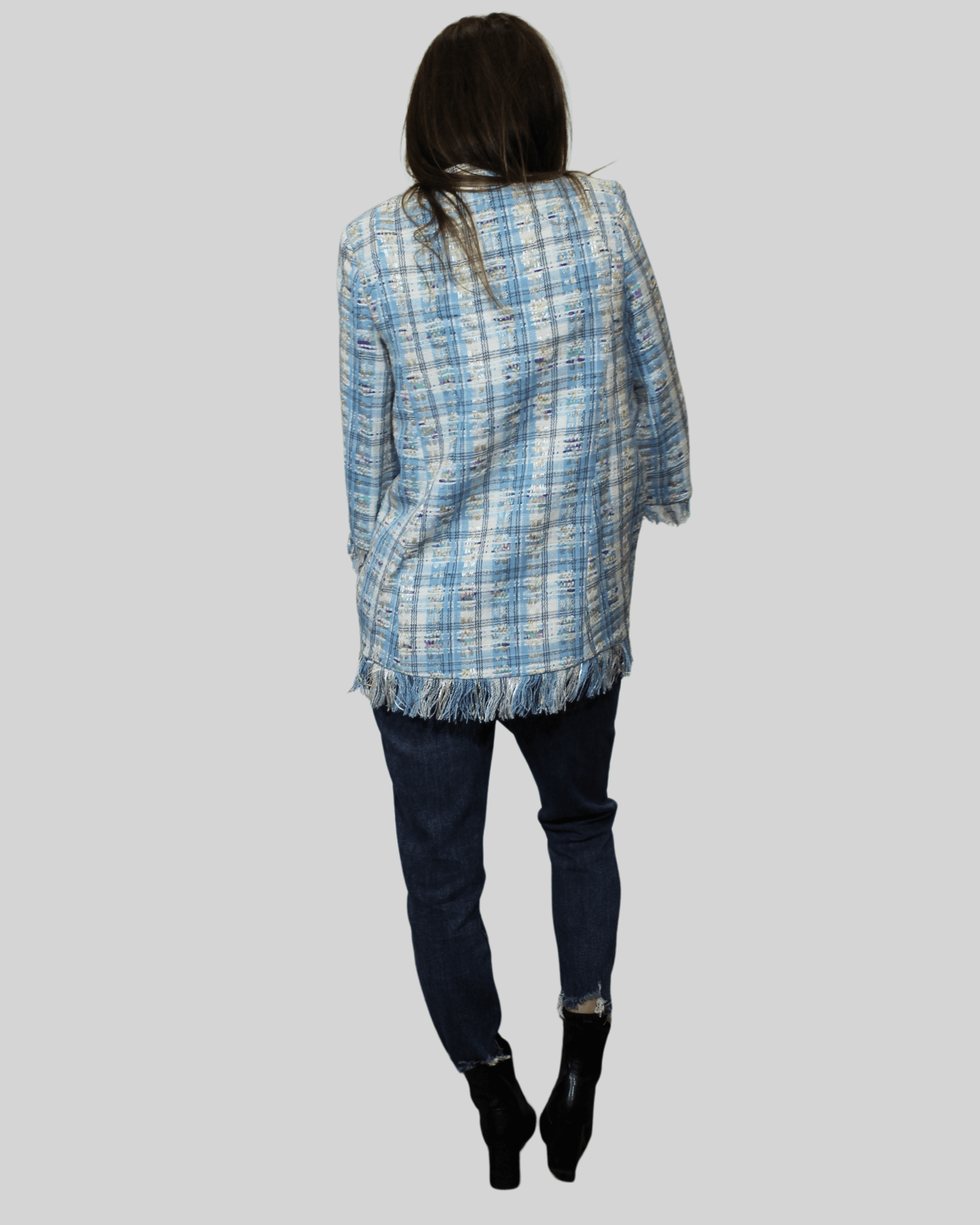Chaqueta femenina tweed recta flecos bolsillos laterales textura suave elegante ligera azul claro S versátil estilo chic diario oficina moderna moda mujer abrigo ligero confortable ✅Entrega 24/48h
