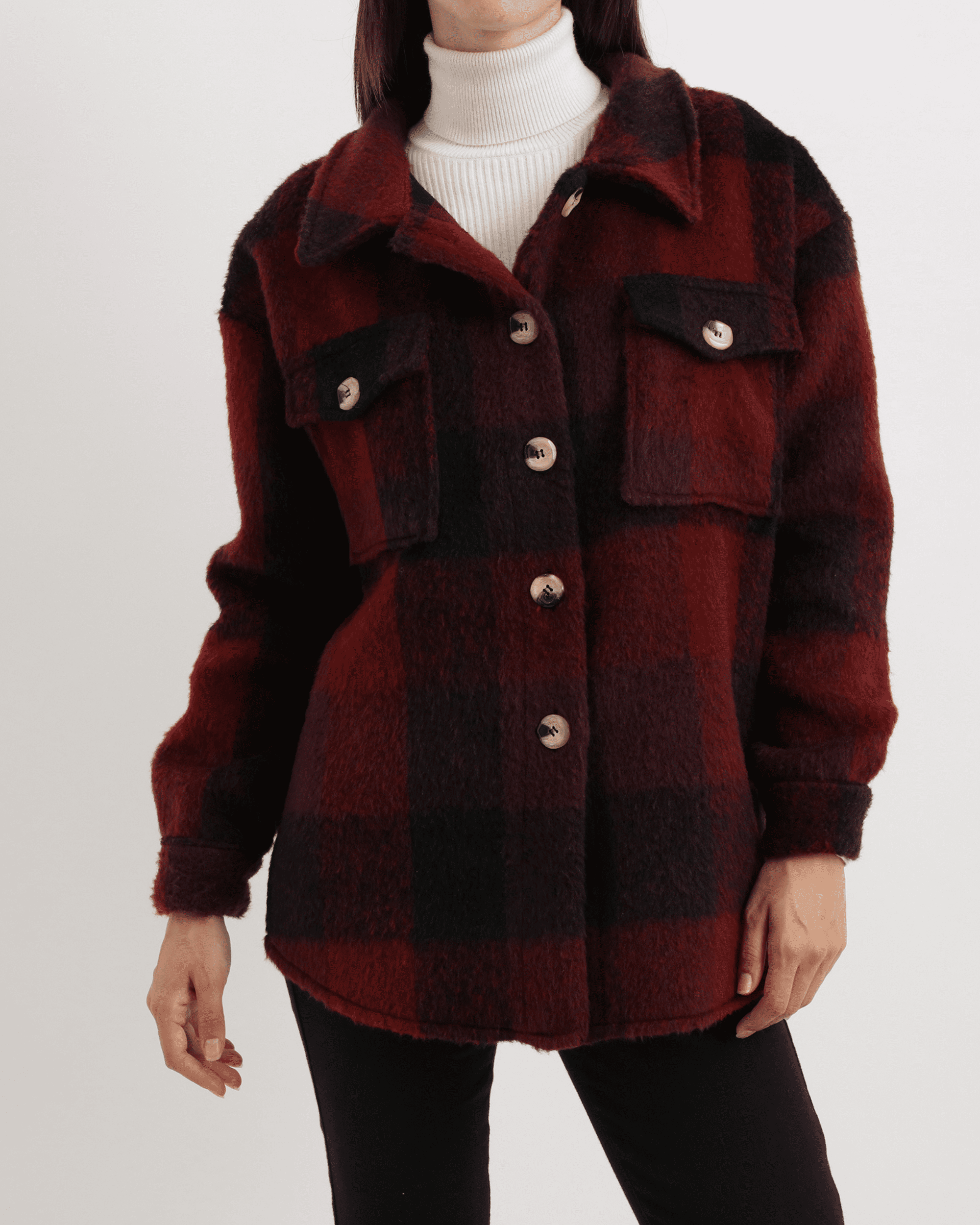Sobrecamisa mujer, abrigo, chaqueta, diseño cuadros, mezcla lana, corte oversize, cuello clásico, bolsillos tapeta, cierre botones, burdeos/negro, talla única, cómoda, casual, tendencia otoño/invierno ✅Entrega 24/48h