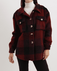 Sobrecamisa mujer, abrigo, chaqueta, diseño cuadros, mezcla lana, corte oversize, cuello clásico, bolsillos tapeta, cierre botones, burdeos/negro, talla única, cómoda, casual, tendencia otoño/invierno ✅Entrega 24/48h