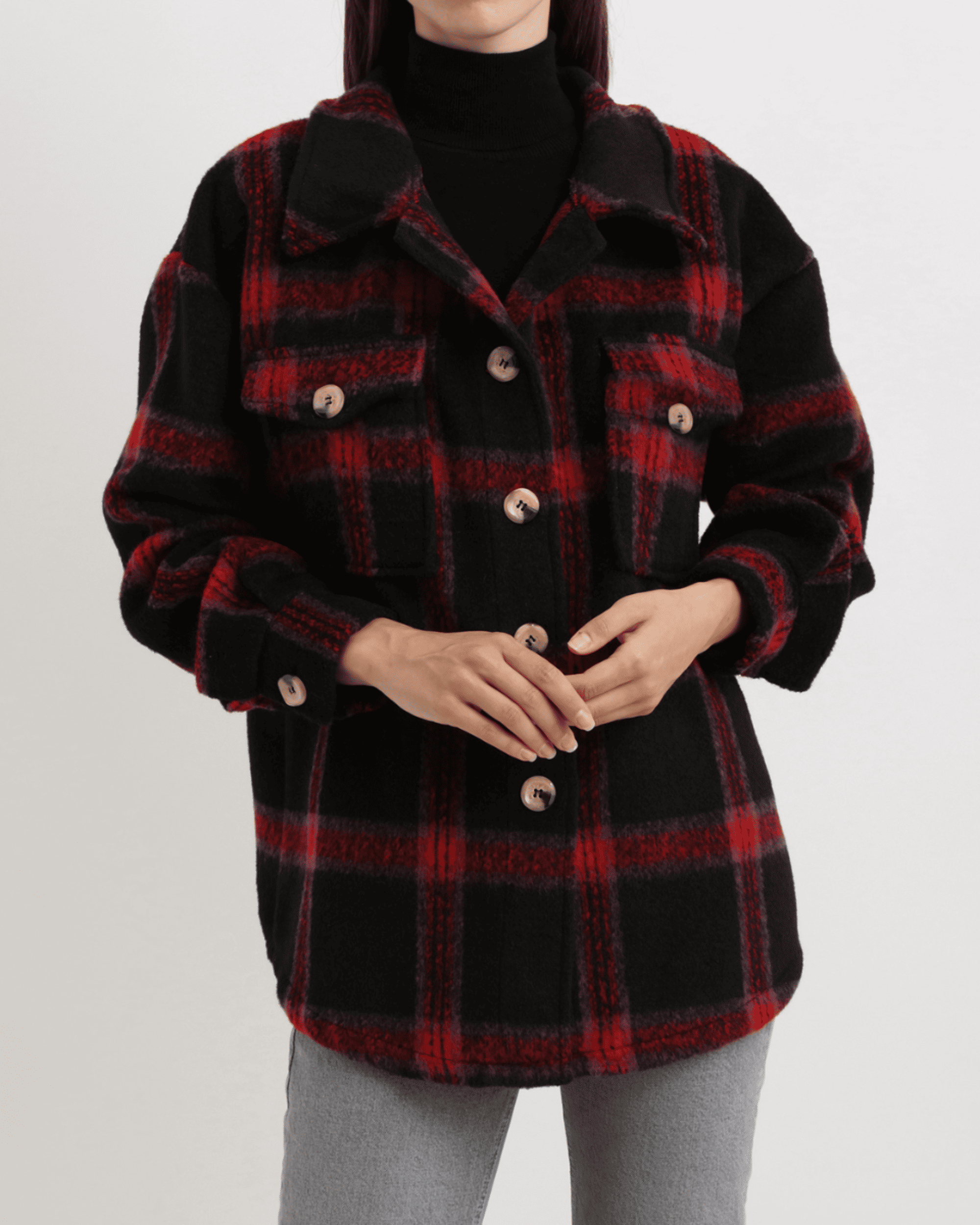 Sobrecamisa mujer chaqueta cuadros estilo oversize algodón bolsillos tapeta botones grandes moda casual cómoda tendencia otoño invierno - Rojo/Negro talla única ✅Entrega 24/48h