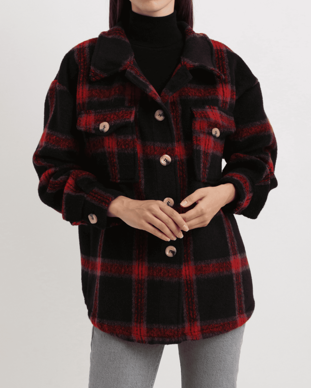Sobrecamisa mujer chaqueta cuadros estilo oversize algodón bolsillos tapeta botones grandes moda casual cómoda tendencia otoño invierno - Rojo/Negro talla única ✅Entrega 24/48h