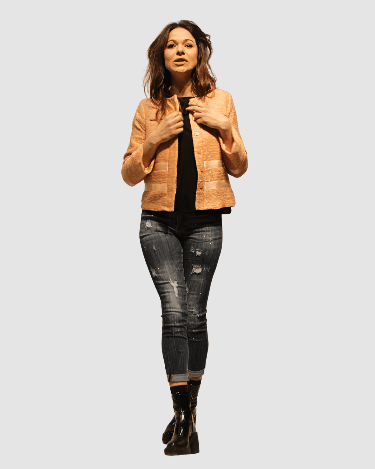 Chaqueta mujer corta tweed tipo blazer, chaqueta elegante, manga larga, cuello redondo, tiras raso contraste, cierre corchetes, forro, cómoda, moderna, naranja, talla S ✅Entrega 24/48h