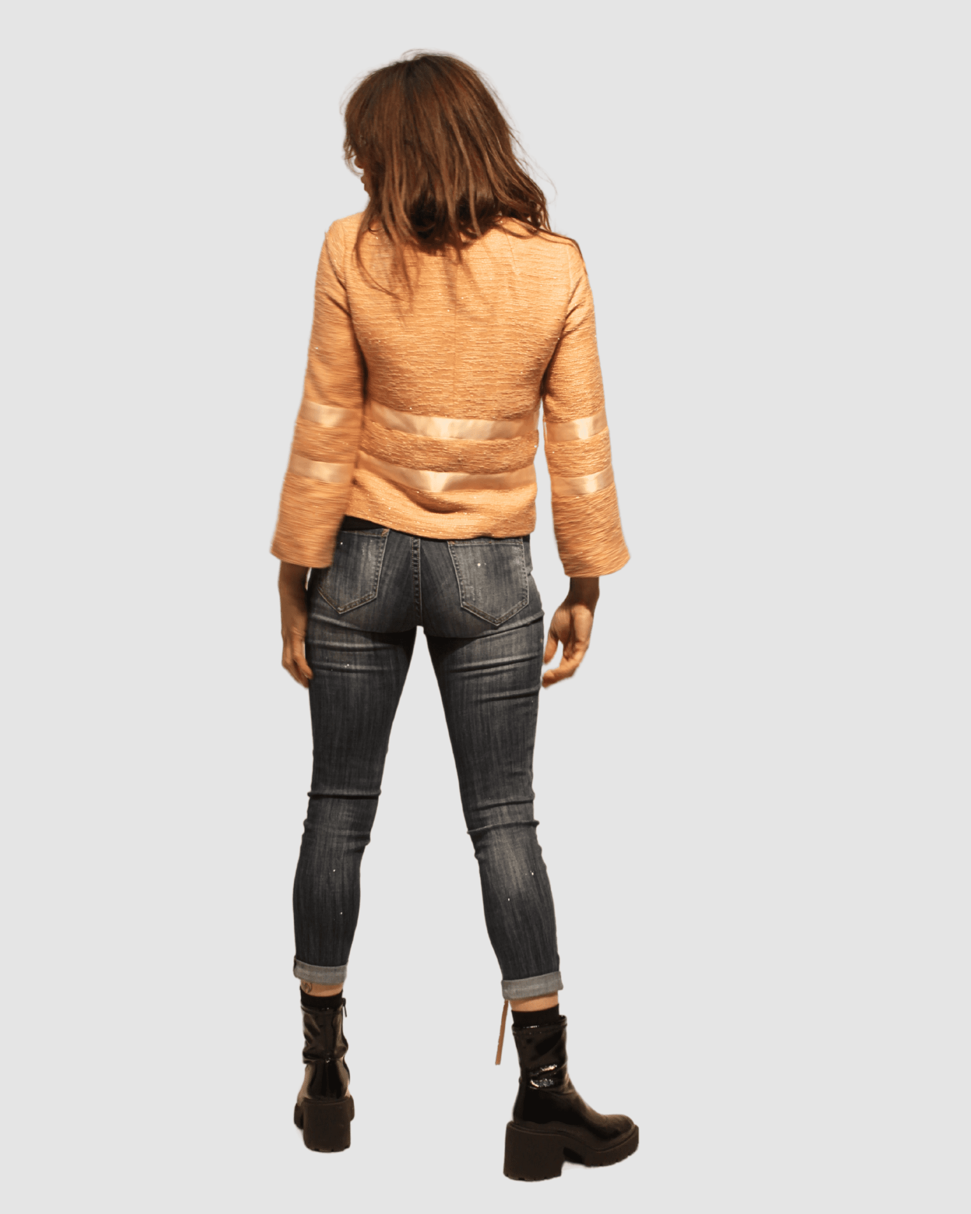 Chaqueta mujer corta tweed tipo blazer, chaqueta elegante, manga larga, cuello redondo, tiras raso contraste, cierre corchetes, forro, cómoda, moderna, naranja, talla S ✅Entrega 24/48h