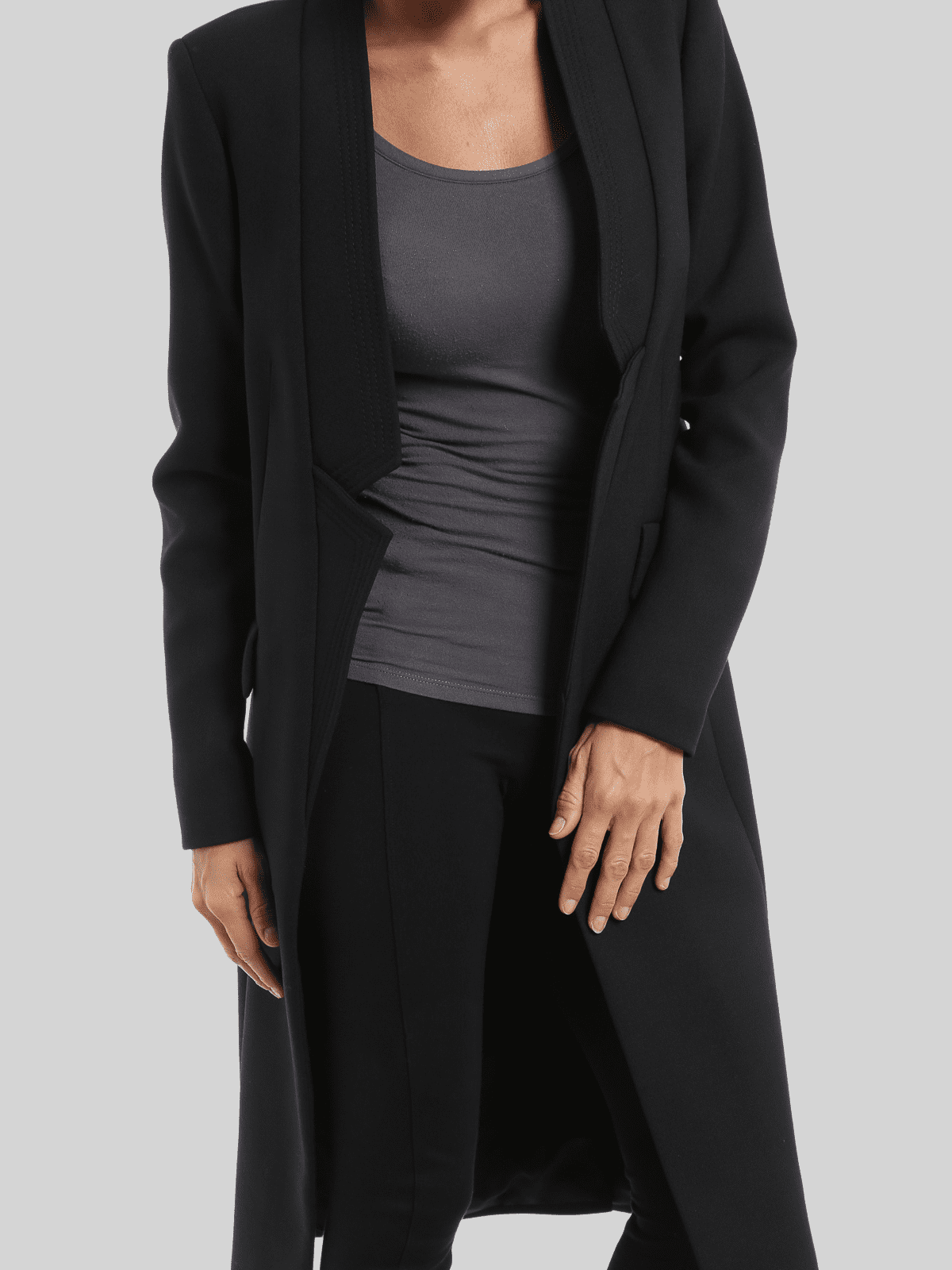 Abrigo largo mujer, chaqueta elegante recta, diseño costuras decorativas, forro interior, solapa notch, manga larga, bolsillos prácticos, estilo minimalista, talla S, color negro, abrigo invierno cómodo versátil ✅Entrega 24/48h