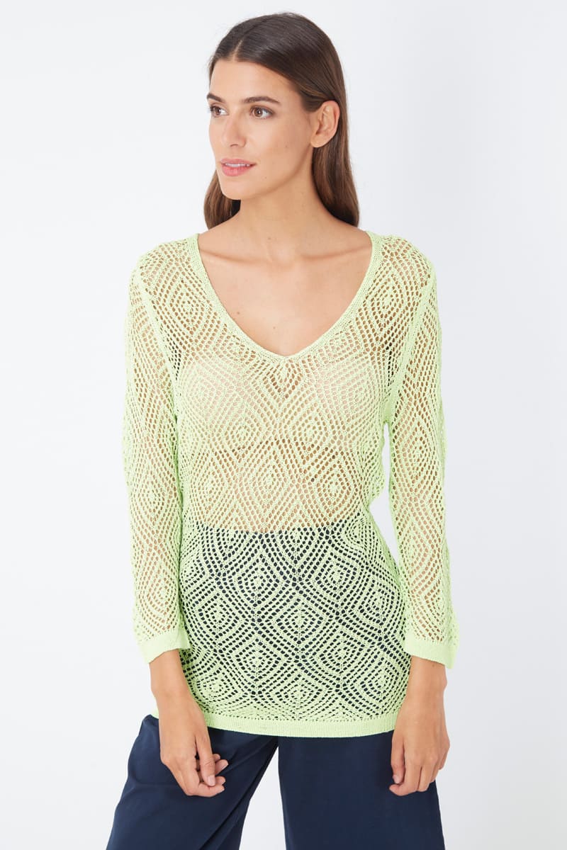 Jersey top mujer transparente punto calado, diseño cuello pico, manga larga, corte regular, estilo casual, talla L/XL, color verde llamativo, tejido ligero, versátil y cómodo ✅Entrega 24/48h