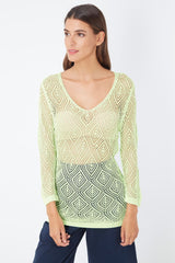 Jersey top mujer transparente punto calado, diseño cuello pico, manga larga, corte regular, estilo casual, talla L/XL, color verde llamativo, tejido ligero, versátil y cómodo ✅Entrega 24/48h