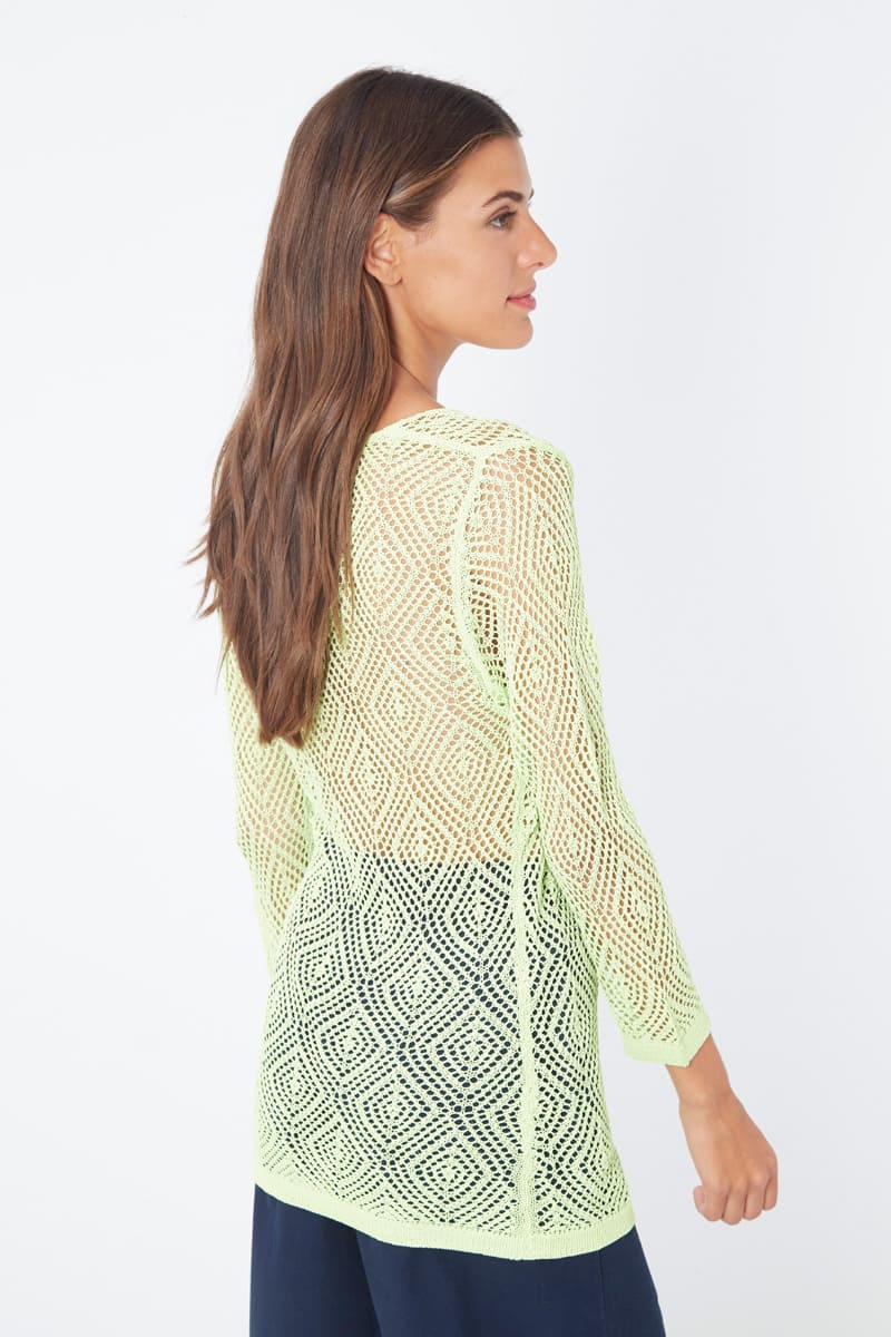 Jersey top mujer transparente punto calado, diseño cuello pico, manga larga, corte regular, estilo casual, talla L/XL, color verde llamativo, tejido ligero, versátil y cómodo ✅Entrega 24/48h