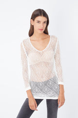 Blusa crochet calada suéter ligero manga tres cuartos escote V boho chic fresca transpirable combinable urbano casual color blanco tallas L/XL beneficio moderno versátil ✅Entrega 24/48h