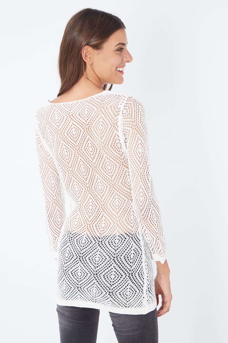 Blusa crochet calada suéter ligero manga tres cuartos escote V boho chic fresca transpirable combinable urbano casual color blanco tallas L/XL beneficio moderno versátil ✅Entrega 24/48h