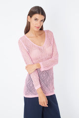 Jersey mujer, suéter calado, top transpirable, modelo Sense 6642, punto ligero, cuello pico, manga larga, estilo casual elegante, ideal primavera verano, color rosa, talla L/XL, prenda versátil, cómoda y fresca ✅Entrega 24/48h