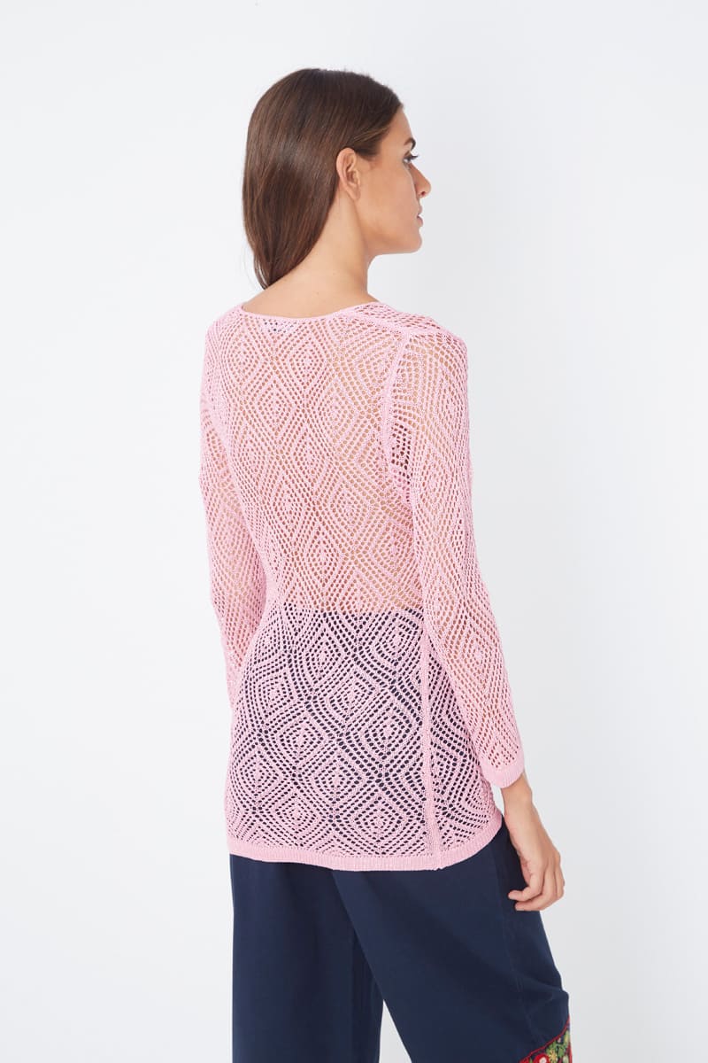 Jersey mujer, suéter calado, top transpirable, modelo Sense 6642, punto ligero, cuello pico, manga larga, estilo casual elegante, ideal primavera verano, color rosa, talla L/XL, prenda versátil, cómoda y fresca ✅Entrega 24/48h
