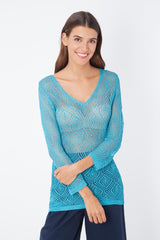 Top mujer transparente punto calado jersey ligero manga larga cuello pico diseño geométrico estilo moderno elegante tejido fresco azul tallas S/M/L ideal primavera verano look casual chic cómodo versátil fácil combinar ✅Entrega 24/48h