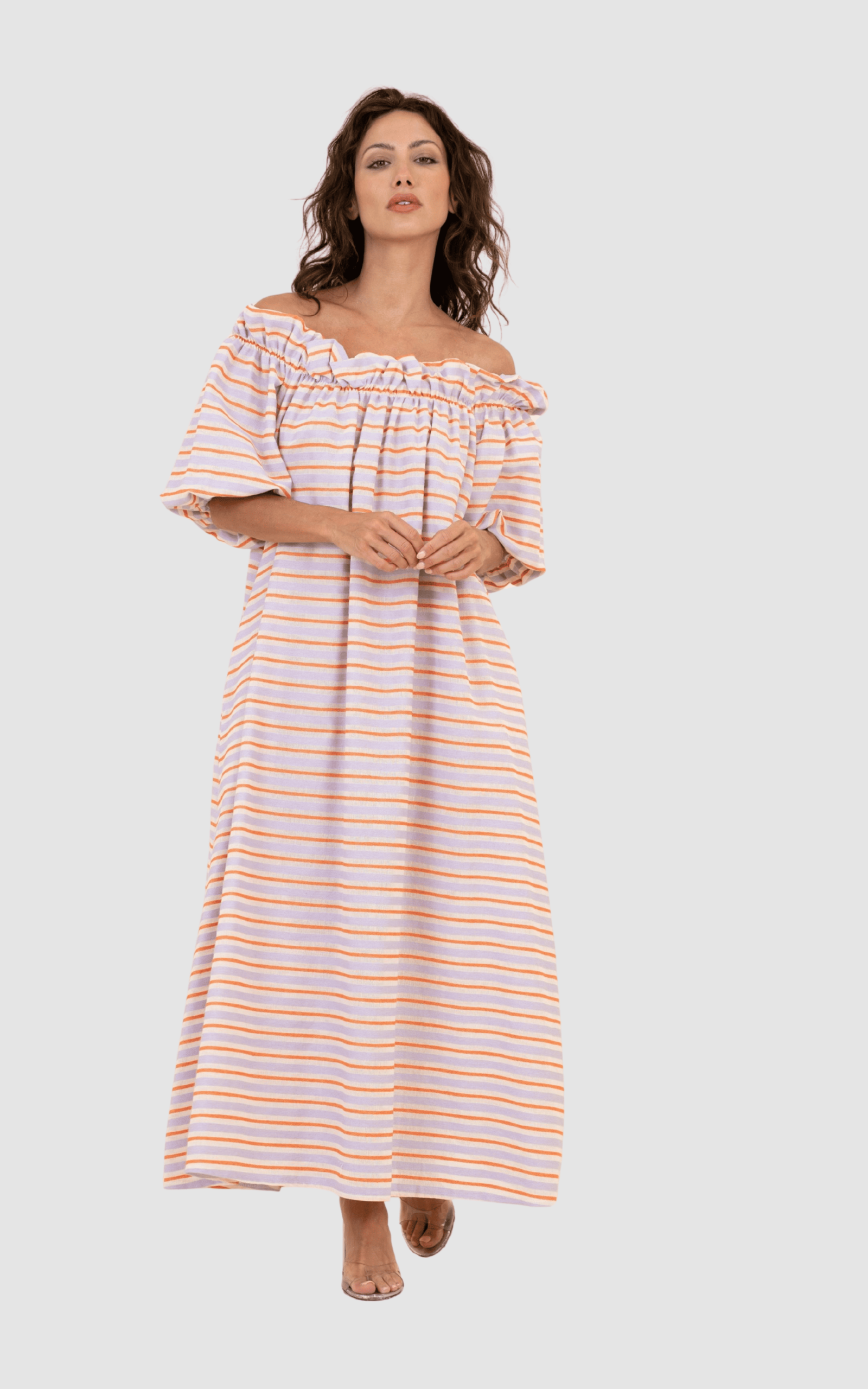 Vestido largo mujer, dress rayas multicolor tonos pastel, hombros descubiertos volantes, algodón fresco, estilo casual urbano, corte holgado, cómodo y versátil, talla S, ideal verano ✅Entrega 24/48h