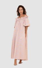 Vestido largo mujer, dress rayas multicolor tonos pastel, hombros descubiertos volantes, algodón fresco, estilo casual urbano, corte holgado, cómodo y versátil, talla S, ideal verano ✅Entrega 24/48h