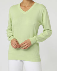 Jersey mujer punto, suéter, pulóver, cuello pico, manga larga, lana mixta, canalé, corte clásico, estilo casual, color verde claro, talla L, suave, cómodo, versátil, ideal entretiempo ✅Entrega 24/48h