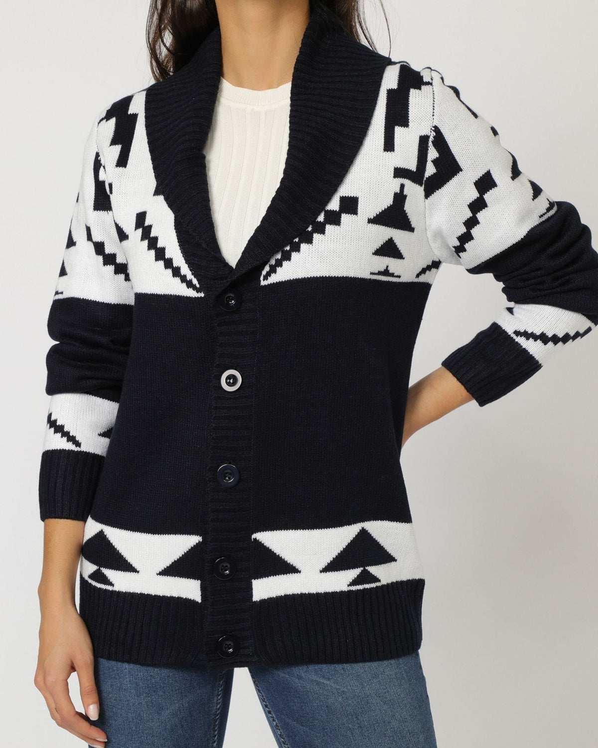 Cárdigan mujer jersey punto fantasía, modelo geométrico algodón, manga larga, cuello solapa, cierre botones, estilo casual, color negro/blanco, talla L, cómodo y versátil ✅Entrega 24/48h