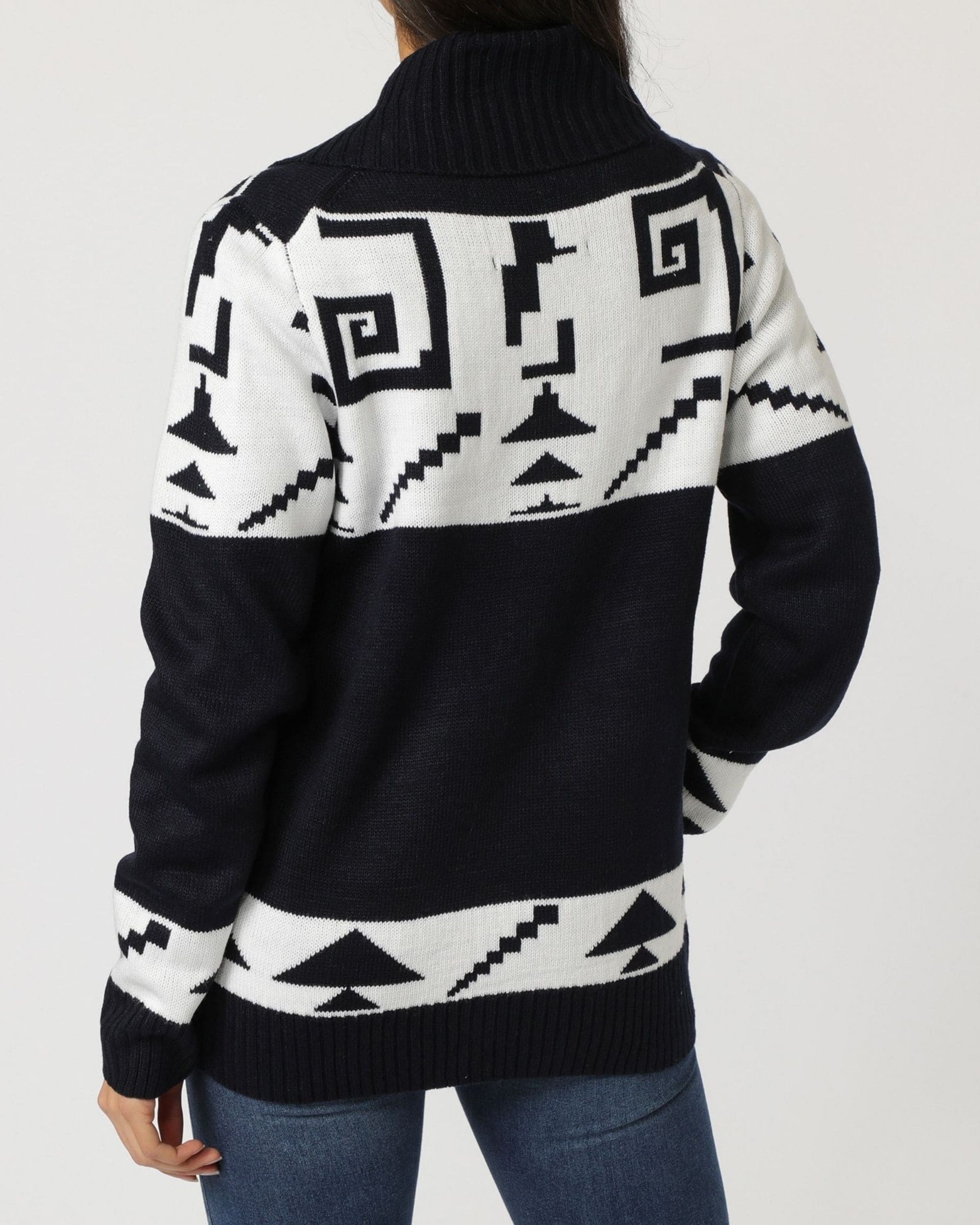 Cárdigan mujer jersey punto fantasía, modelo geométrico algodón, manga larga, cuello solapa, cierre botones, estilo casual, color negro/blanco, talla L, cómodo y versátil ✅Entrega 24/48h