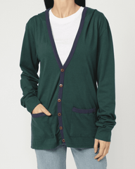 Cardigan mujer casual, suéter abierto con capucha, bolsillos, botones frontales, tejido suave, ribete azul, color verde, cómodo, talla L, look moderno y fácil de combinar ✅Entrega 24/48h