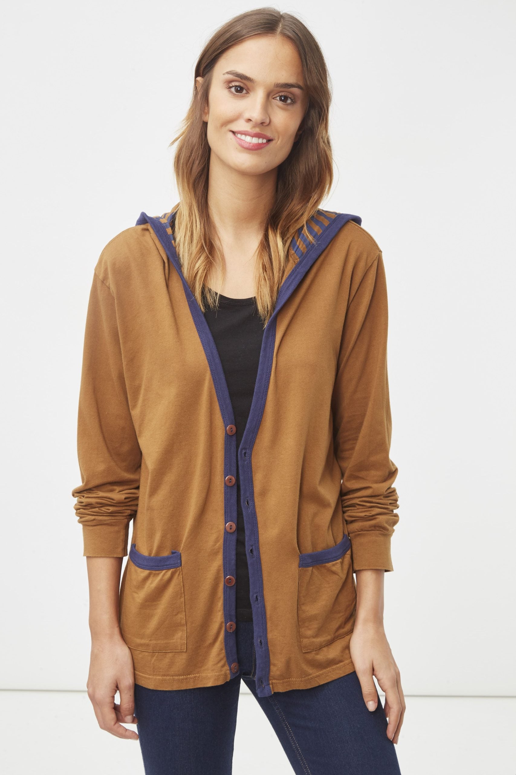Cárdigan ligero mujer capucha bolsillos contraste marrón algodón casual streetwear talla L cómodo versátil urbano fácil combinar ideal entretiempo ✅Entrega 24/48h