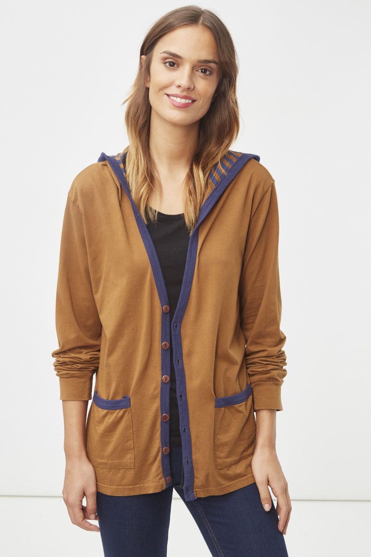 Cárdigan ligero mujer capucha bolsillos contraste marrón algodón casual streetwear talla L cómodo versátil urbano fácil combinar ideal entretiempo ✅Entrega 24/48h
