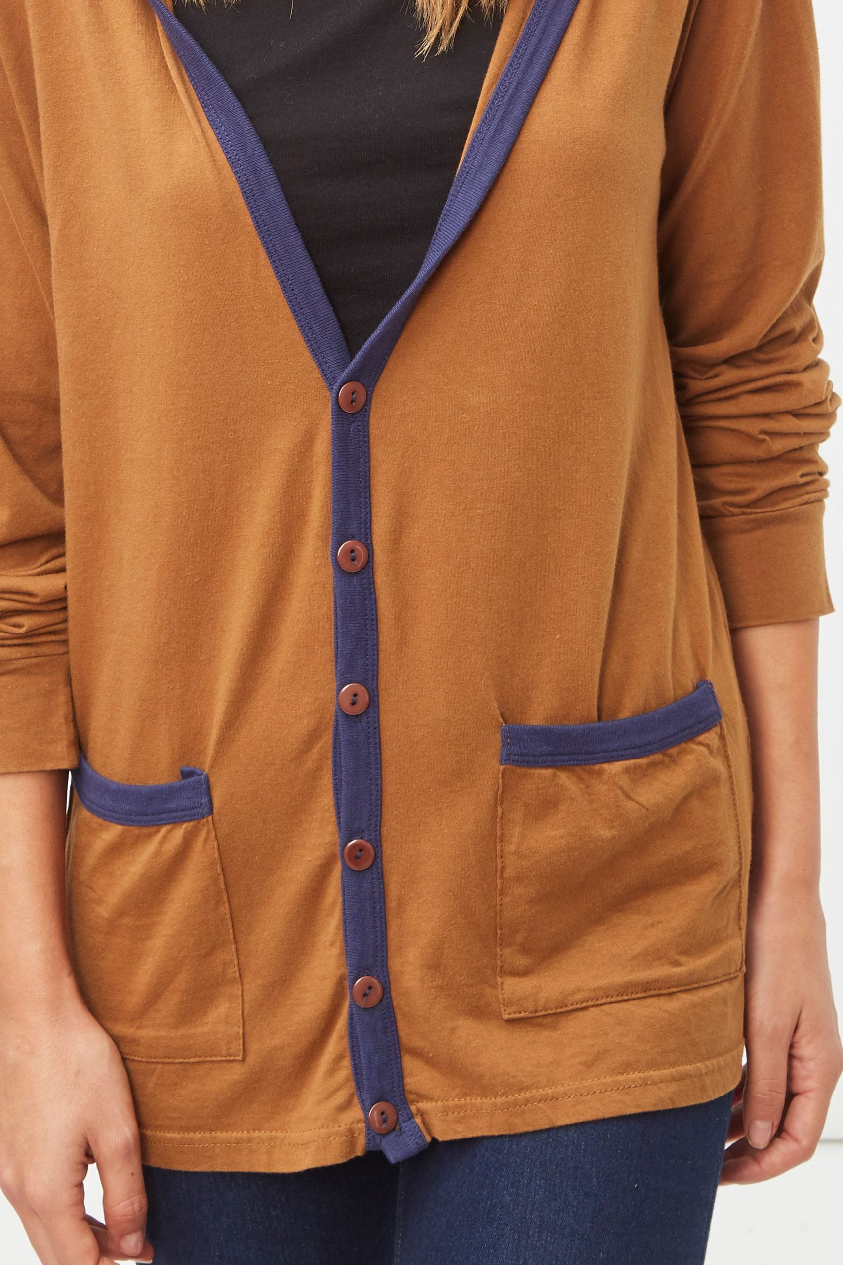 Cárdigan ligero mujer capucha bolsillos contraste marrón algodón casual streetwear talla L cómodo versátil urbano fácil combinar ideal entretiempo ✅Entrega 24/48h