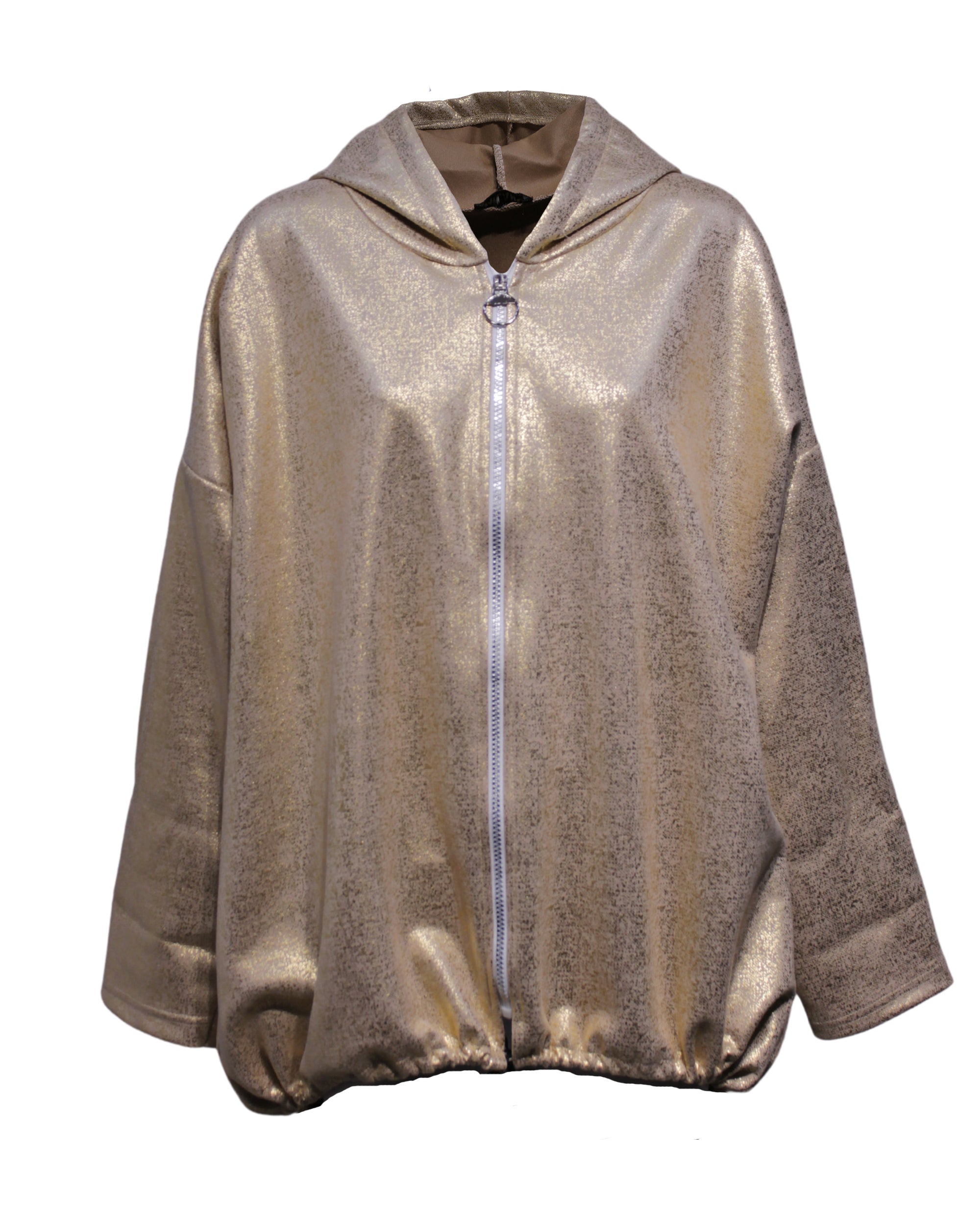 Chaqueta mujer oversize capucha hoodie jacket diseño metálico beige cierre cremallera bolsillos laterales bajo asimétrico cordón ajustable elegante versátil talla S disponible ✅Entrega 24/48h