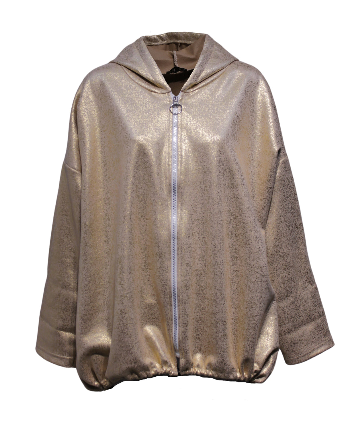 Chaqueta mujer oversize capucha hoodie jacket diseño metálico beige cierre cremallera bolsillos laterales bajo asimétrico cordón ajustable elegante versátil talla S disponible ✅Entrega 24/48h