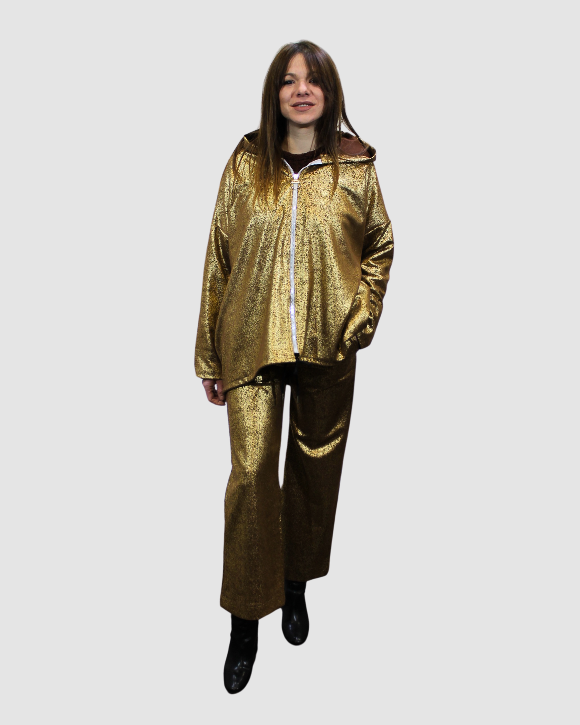 Conjunto mujer chaqueta oversize capucha cremallera pantalón relajado tendencia urbana efecto serpiente metalizado dorado fondo negro S cómodo versátil moda fiesta streetwear tallas S colores dorado rojo ✅Entrega 24/48h