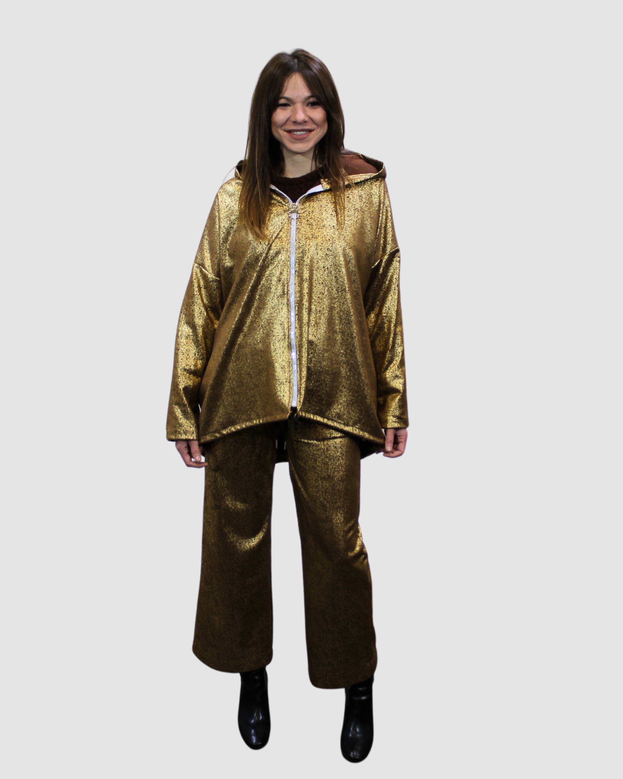 Conjunto mujer chaqueta oversize capucha cremallera pantalón relajado tendencia urbana efecto serpiente metalizado dorado fondo negro S cómodo versátil moda fiesta streetwear tallas S colores dorado rojo ✅Entrega 24/48h