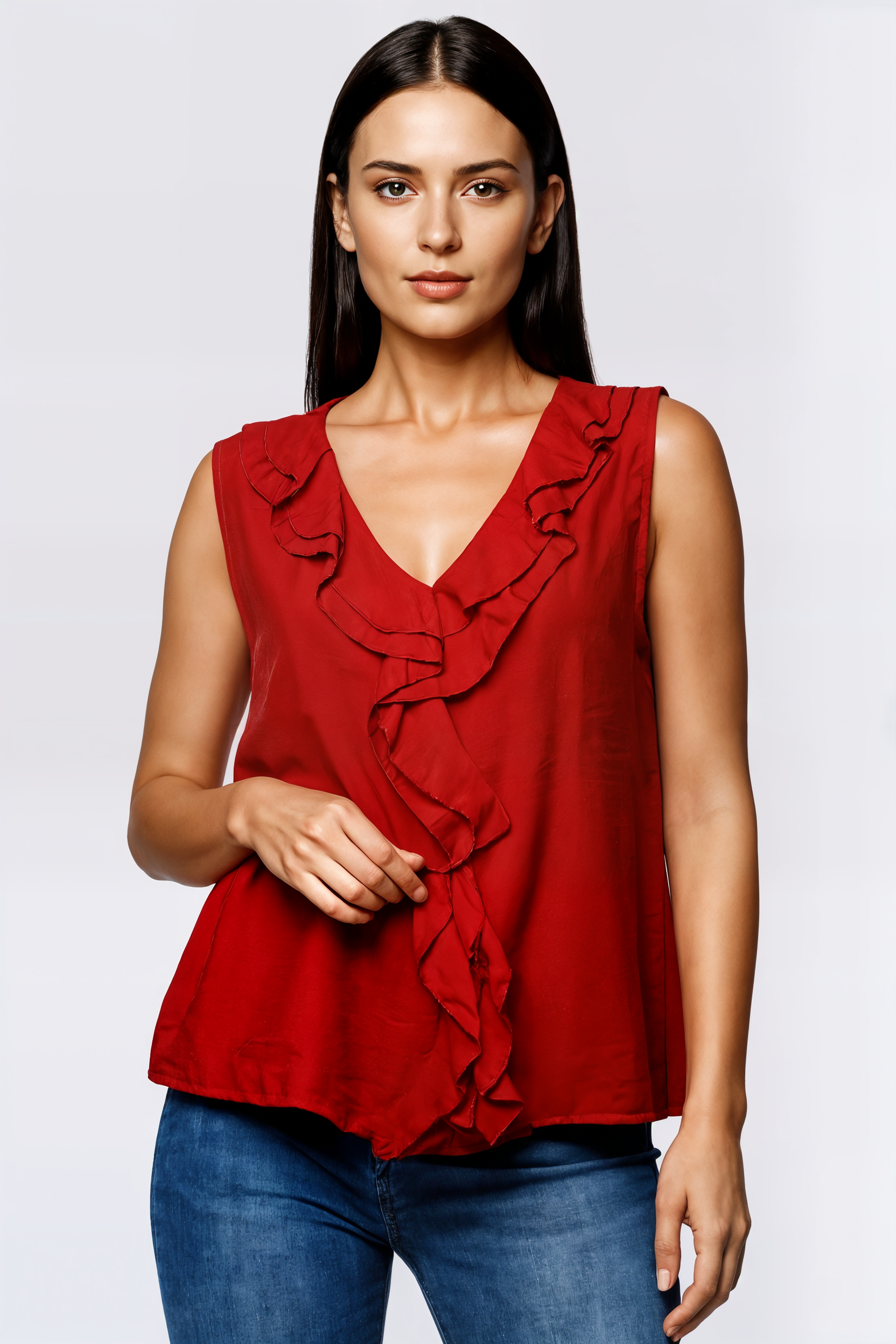 Blusa sin mangas con volante en el cuello