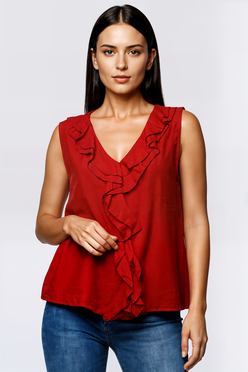 Blusa sin mangas con volante en el cuello