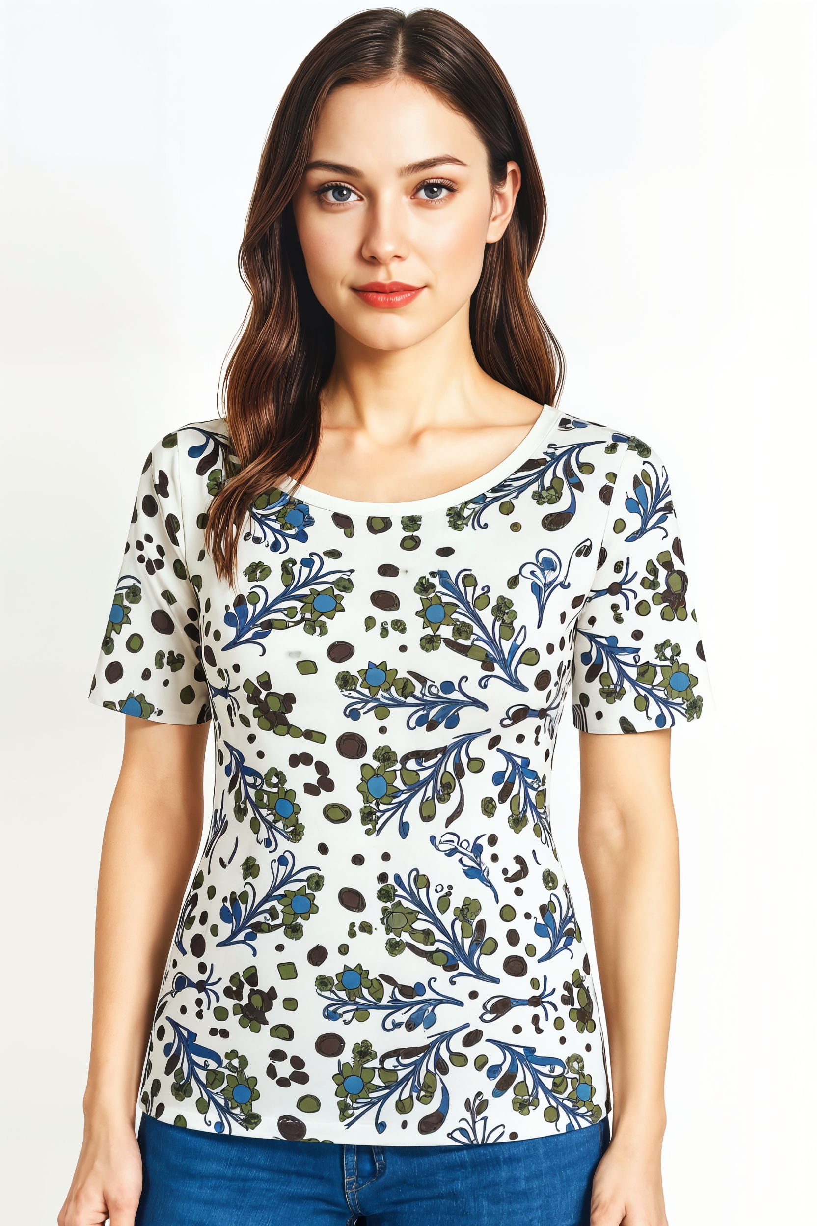 Camiseta mujer, top, polo casual estampado tonos verdes y azul, algodón fresco, manga corta, cuello redondo, XS, diseño moderno, cómoda, ideal diario o verano, fácil combinar, ✅Entrega 24/48h