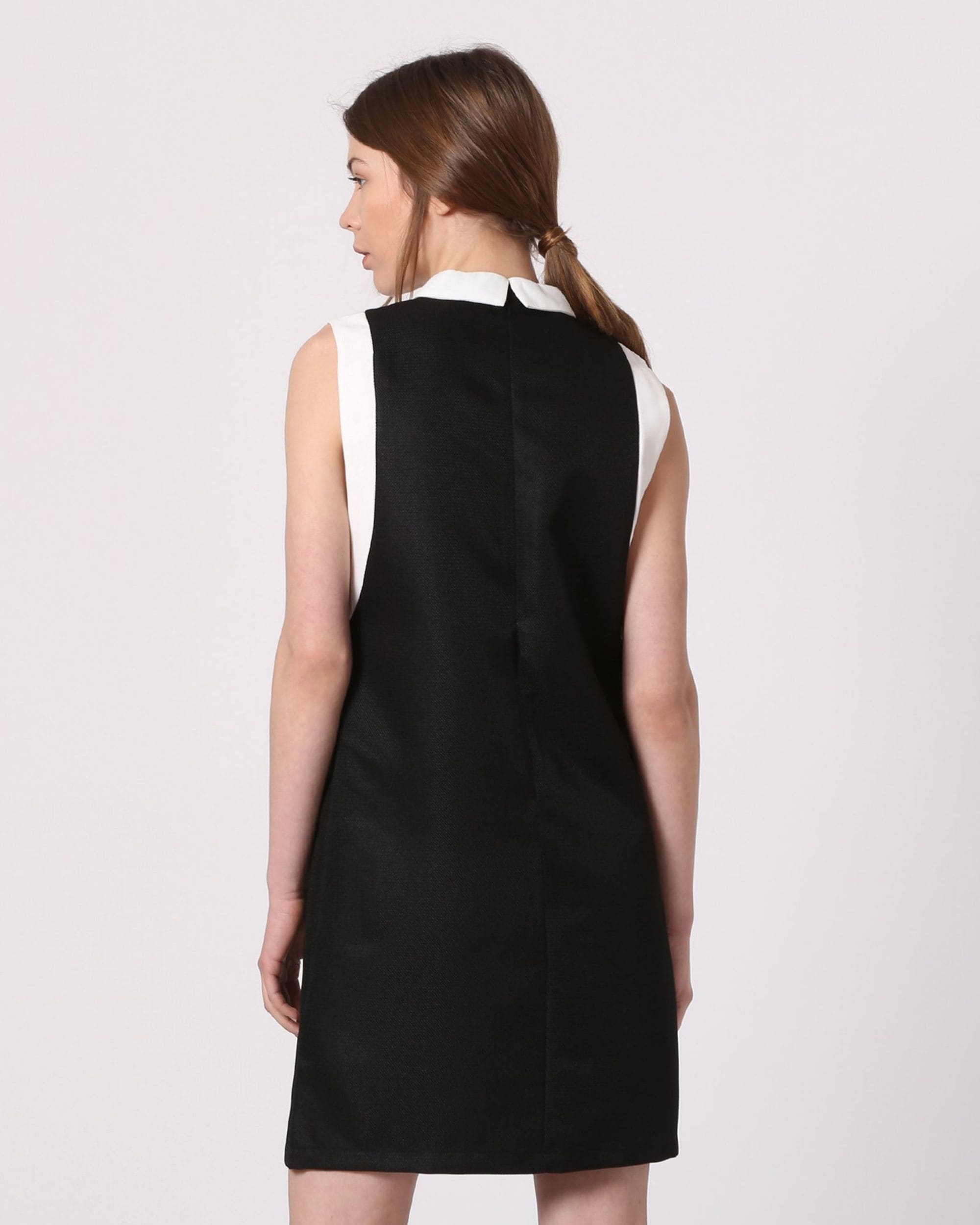 Vestido sin mangas, dress elegante, modelo cuello camisero contraste blanco, diseño ligero y moderno, tejido cómodo, oficina, sofisticado, talla XS, color negro, ideal eventos, fácil combinar, ✅Entrega 24/48h