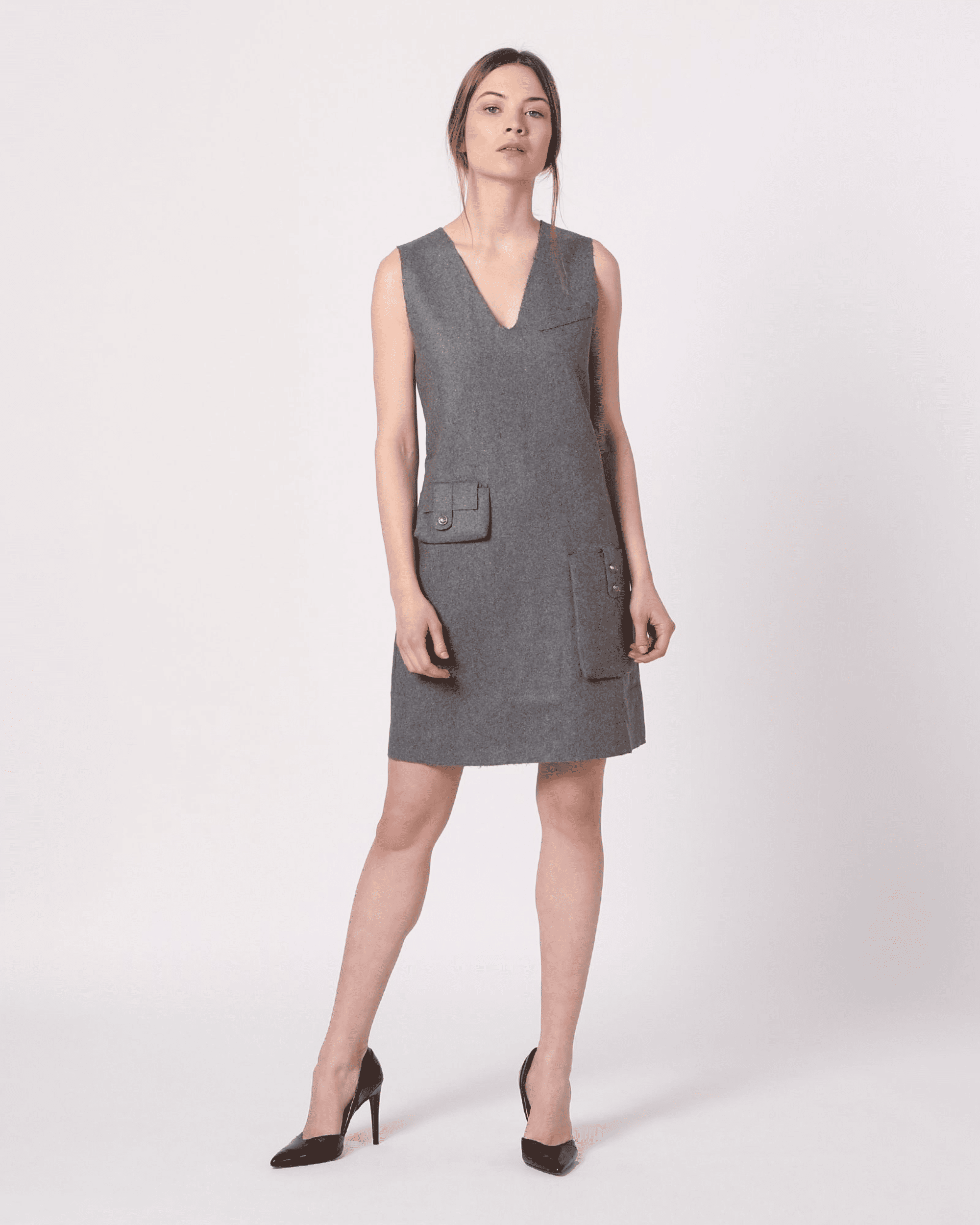 Vestido mujer sin mangas dress corte recto bolsillos solapa textura suave elegante moderno look casual oficina gris talla L, práctico y versátil, excelente opción urbana y profesional✅Entrega 24/48h