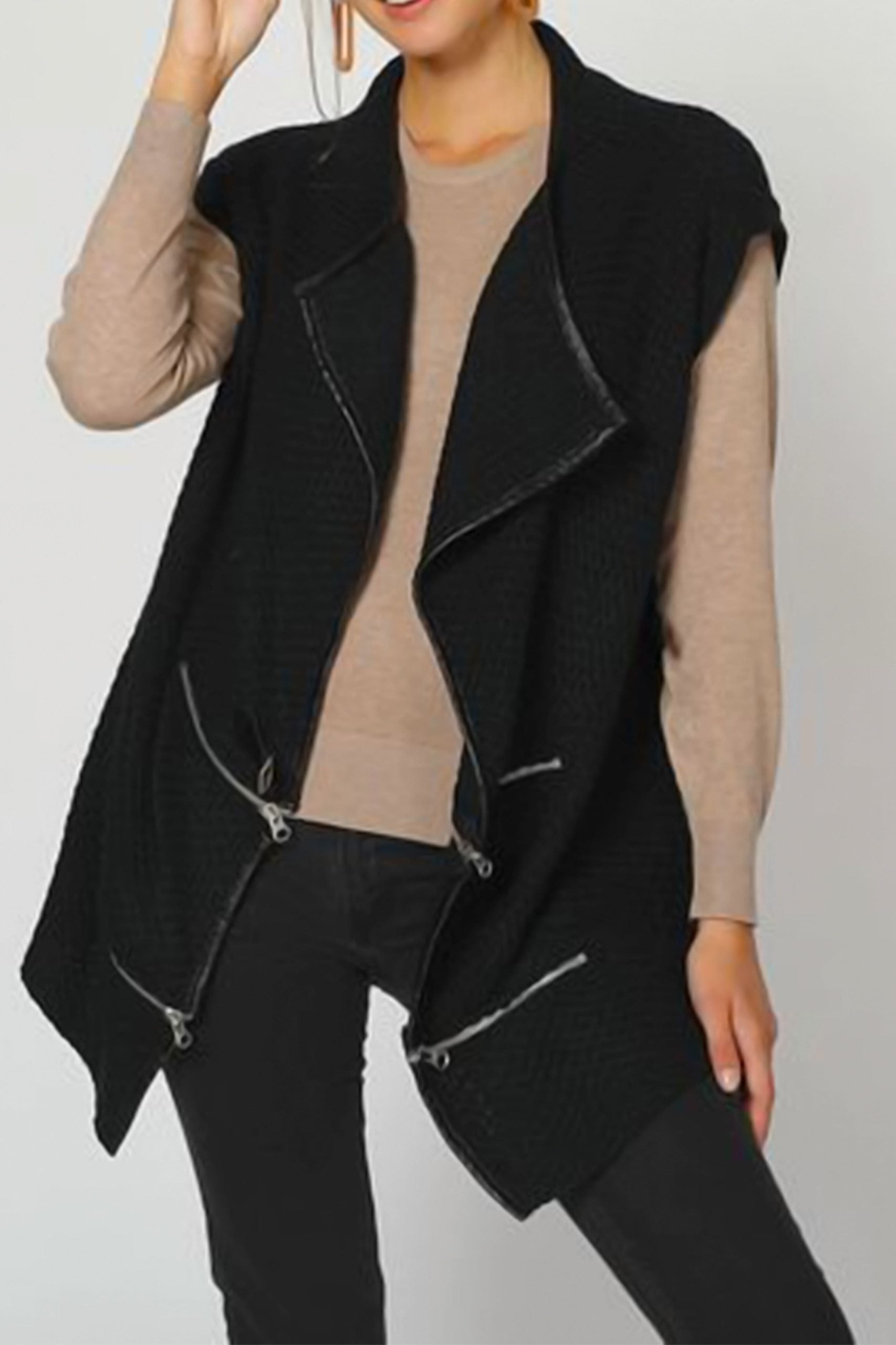 Chaleco mujer punto grueso sin mangas diseño cruzado oversize escote V trabilla cierre zíper mezcla lana, elegante, cómodo, versátil, talla única, color negro, ideal entretiempo ✅Entrega 24/48h