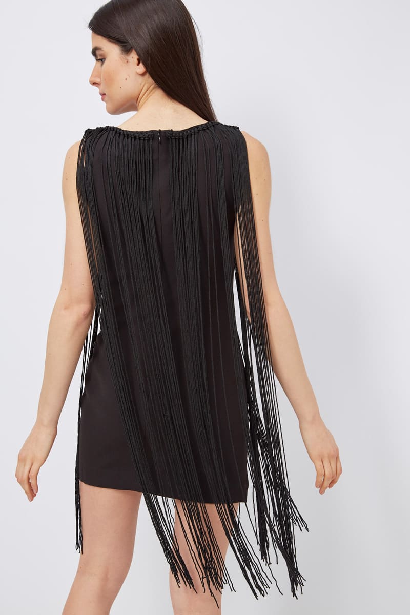 Vestido corto noche, dress elegante flecos, modelo muselina, escote barco, sin mangas, forro interior, corte recto, fiesta coctel, confortable, talla M, color negro, ✅Entrega 24/48h