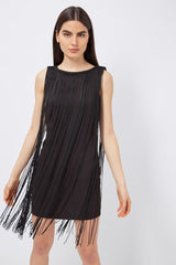 Vestido corto noche, dress elegante flecos, modelo muselina, escote barco, sin mangas, forro interior, corte recto, fiesta coctel, confortable, talla M, color negro, ✅Entrega 24/48h