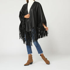 Poncho mujer kimono flecos urbano elegante versátil efecto piel, chaqueta exterior ligera, estilo moderno, color negro, talla L, outfit fácil de combinar, look sofisticado, ideal entretiempo ✅Entrega 24/48h