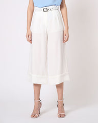Pantalón palazzo mujer, culotte elegante tiro alto cinturón hebilla, diseño amplio tela ligera, outfit formal casual, color blanco, talla S, sofisticado y cómodo, look urbano oficina ✅Entrega 24/48h