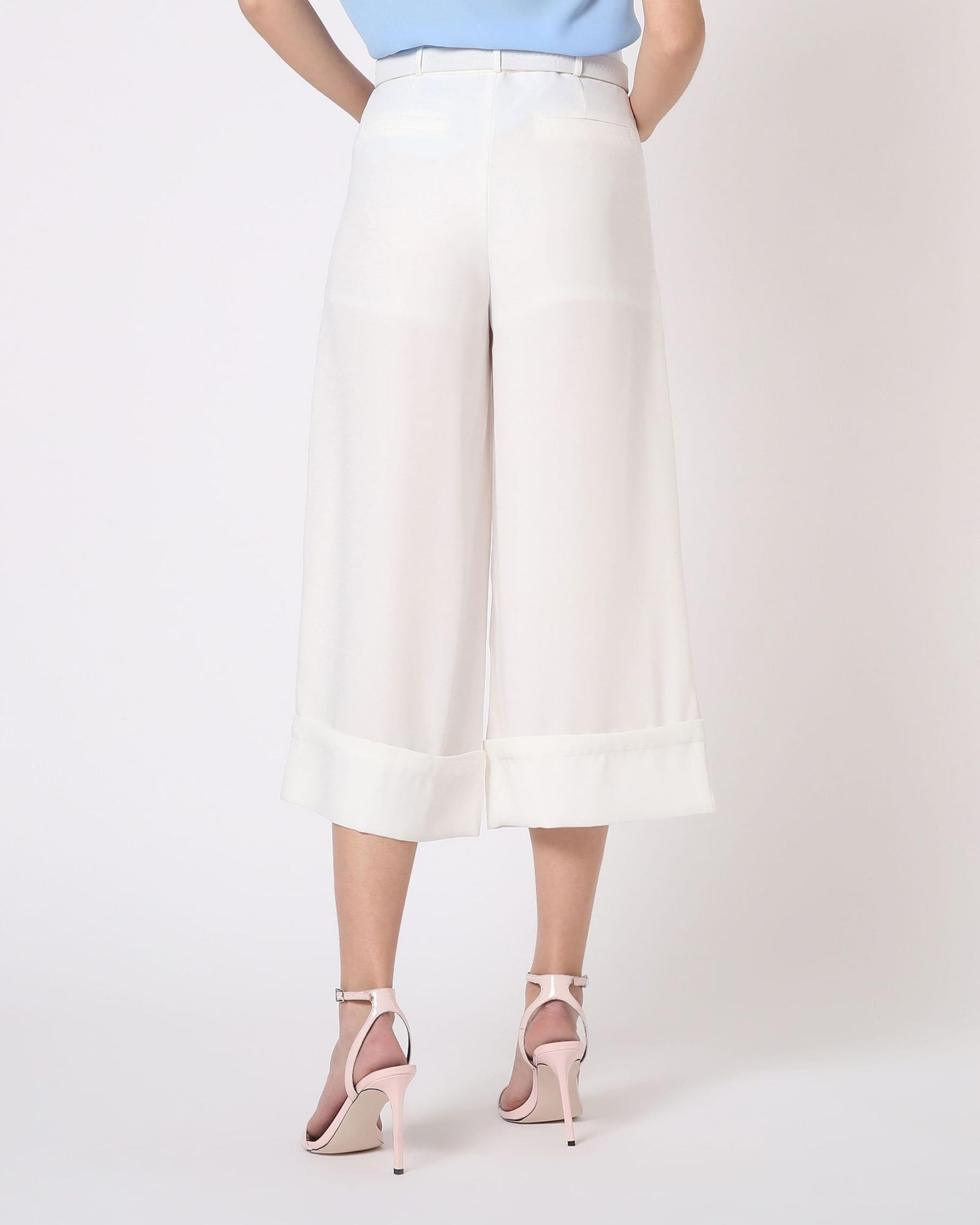 Pantalón palazzo mujer, culotte elegante tiro alto cinturón hebilla, diseño amplio tela ligera, outfit formal casual, color blanco, talla S, sofisticado y cómodo, look urbano oficina ✅Entrega 24/48h