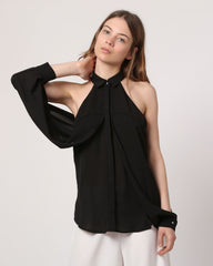 Blusa elegante mujer fluida sin hombros, top camisero negro, manga vuelo, corte holgado, versátil, ligera, talla S, outfit casual oficina noche fiesta, fresca y cómoda ✅Entrega 24/48h