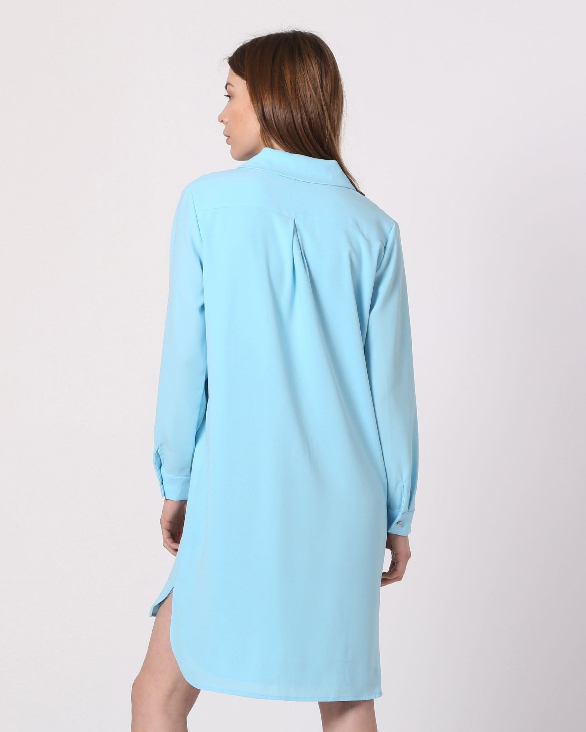 Vestido mujer dress outfit corte recto manga larga escote V detalle flecos tela suave elegante celeste XS cómodo sofisticado urbano versátil ideal eventos y fiestas ✅Entrega 24/48h
