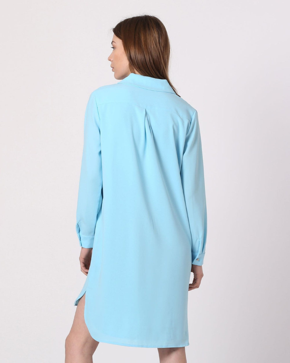 Vestido mujer dress outfit corte recto manga larga escote V detalle flecos tela suave elegante celeste XS cómodo sofisticado urbano versátil ideal eventos y fiestas ✅Entrega 24/48h